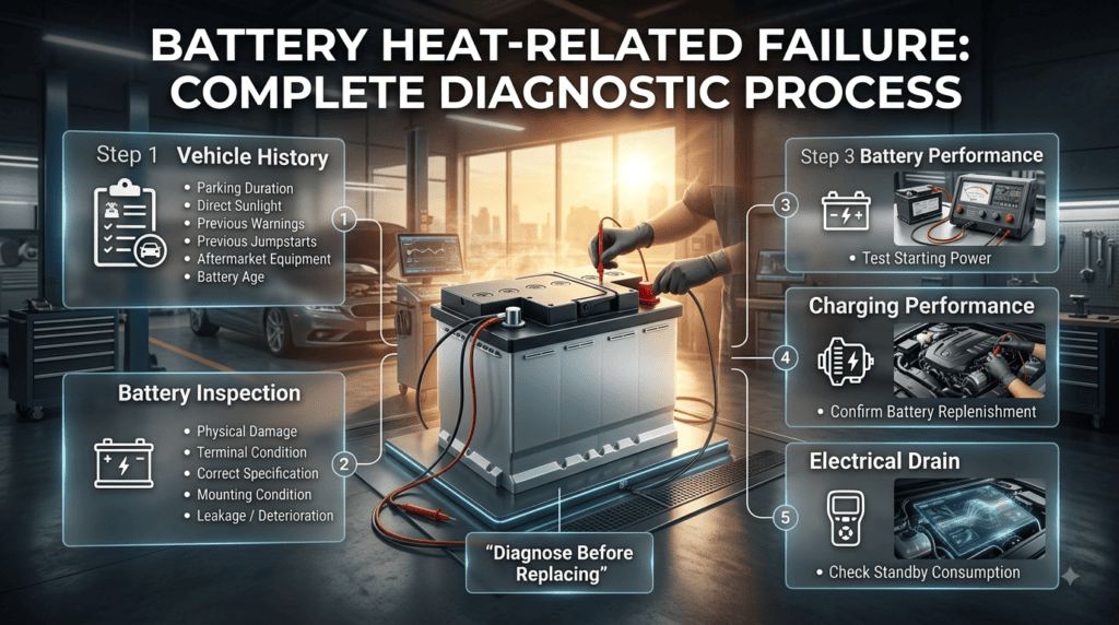 Battery heat-related failure diagnosis showing vehicle history, battery inspection, performance testing, charging checks, and electrical drain testing.