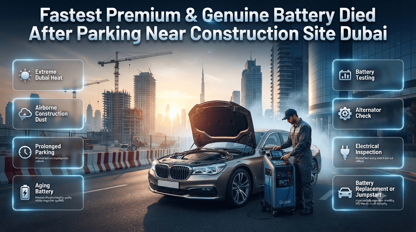 Premium infographic showing a car with a dead battery parked beside a Dubai construction site, highlighting heat, dust, battery testing, alternator checks, and jump-start solutions. Battery Died After Parking Near Construction Site Dubai Guide