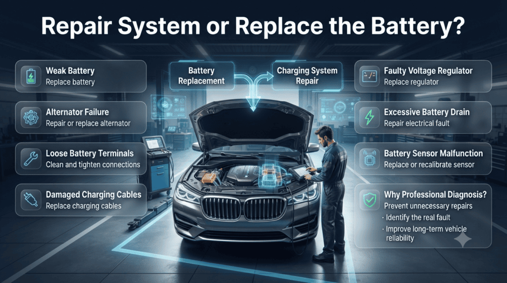 Automotive infographic explaining whether a battery voltage warning requires battery replacement or charging system repair based on professional diagnosis.