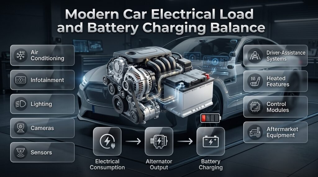Modern car electrical systems use power for AC, lighting, sensors, cameras, and electronics while the alternator supports battery charging.