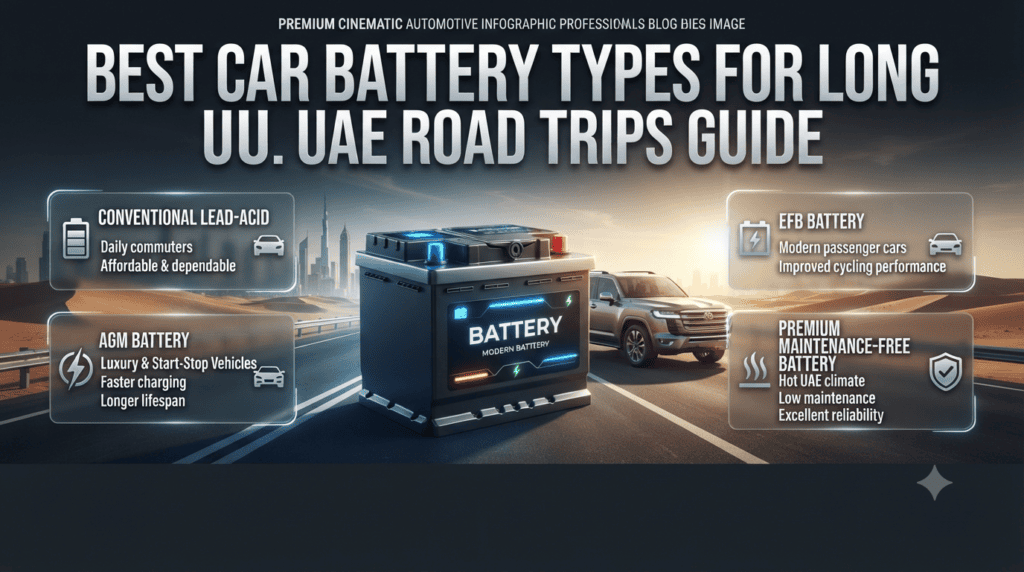 Best battery types for UAE road trips showing AGM, EFB, and lead-acid car battery options for reliable travel performance