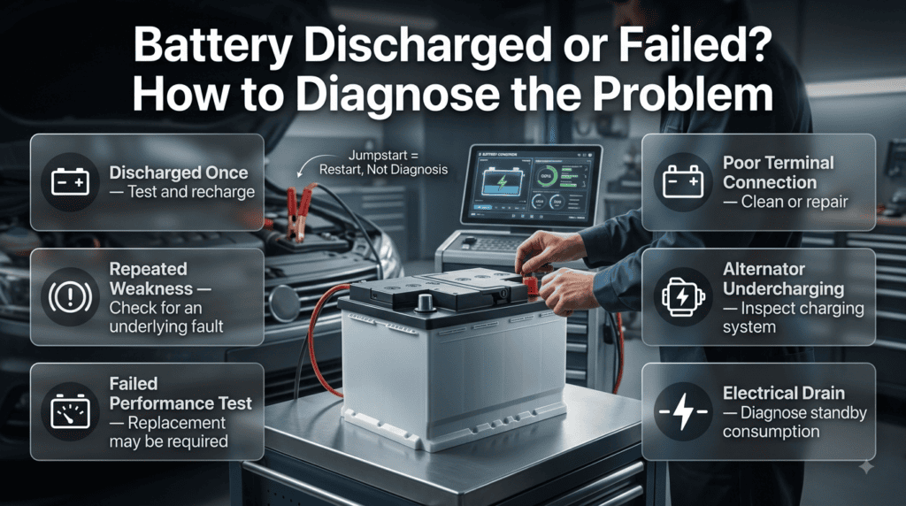 Car battery diagnosis showing discharged battery, electrical drain, poor terminals, and alternator charging problems.
