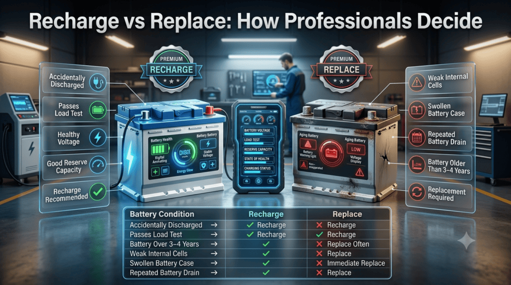 Professional infographic comparing when to recharge or replace a car battery using battery testing, age, load test results, and battery condition indicators.