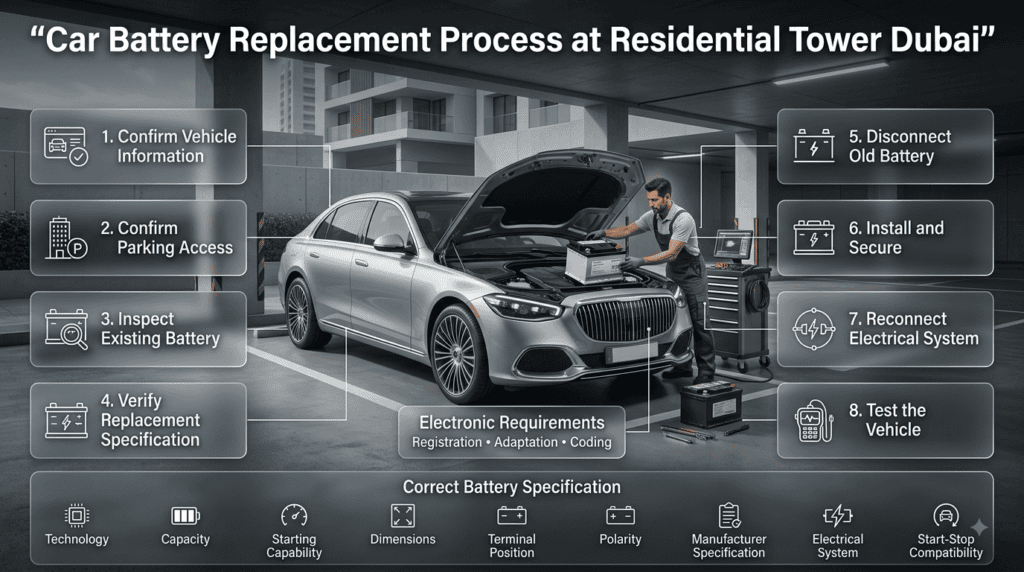 Step-by-step car battery replacement at a Dubai residential tower, including inspection, battery selection, installation, and testing.