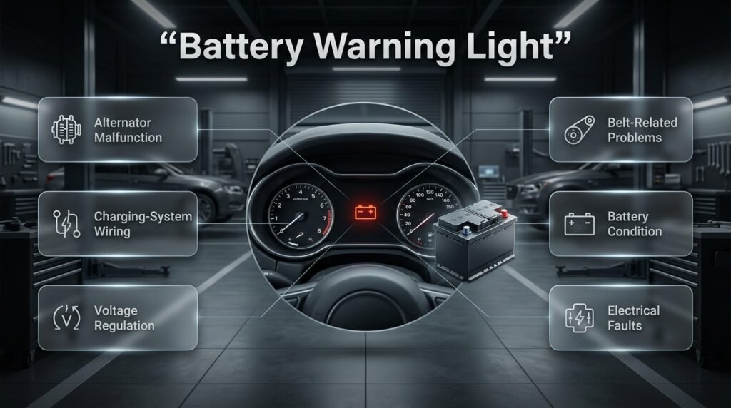 Battery warning light infographic showing alternator, wiring, voltage regulation, belt and electrical system faults