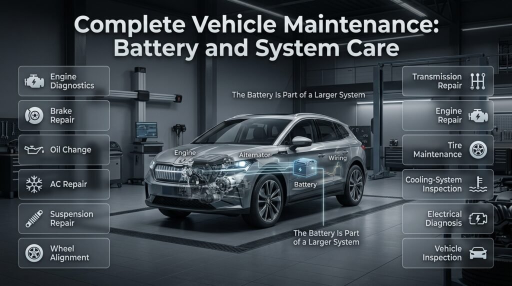 Complete vehicle maintenance showing battery, engine, brakes, AC, suspension, transmission and electrical system inspection