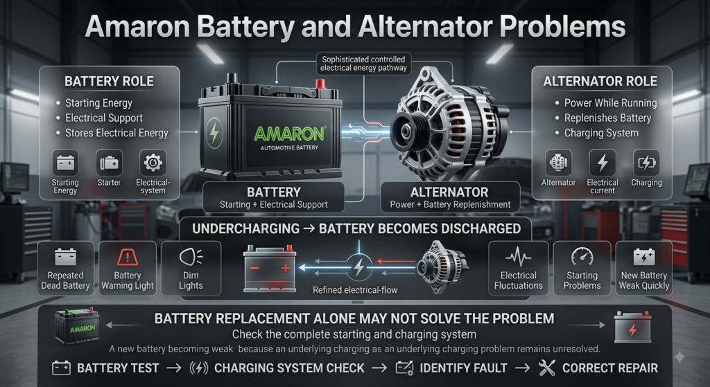 Amaron battery and alternator problems showing charging faults, dim lights and repeated battery failure