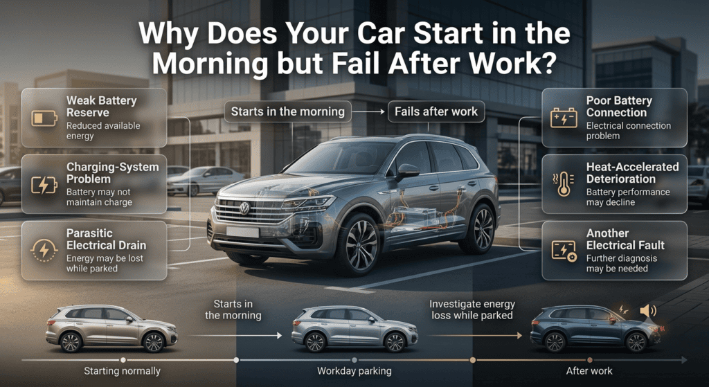 Car starts in the morning but fails after work due to battery reserve, charging issues, electrical drain, or heat-related deterioration
