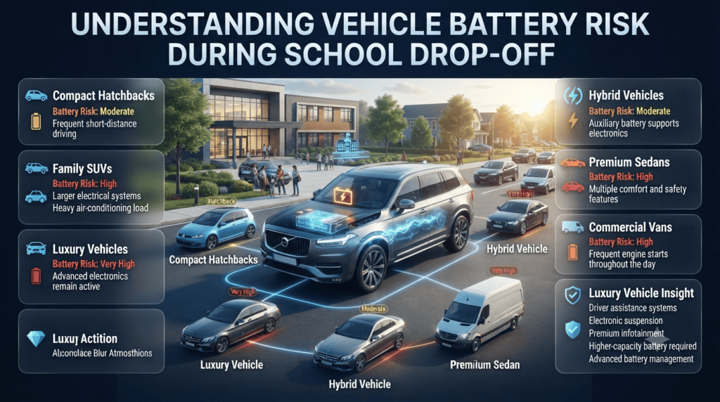 Premium automotive infographic showing vehicle types most likely to experience battery failure during school runs, including SUVs, luxury cars, hybrids, sedans, hatchbacks, and commercial vans.