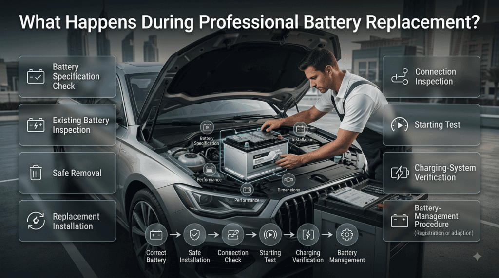 Professional battery replacement process showing battery selection, safe removal, installation, starting test, and battery management procedures.