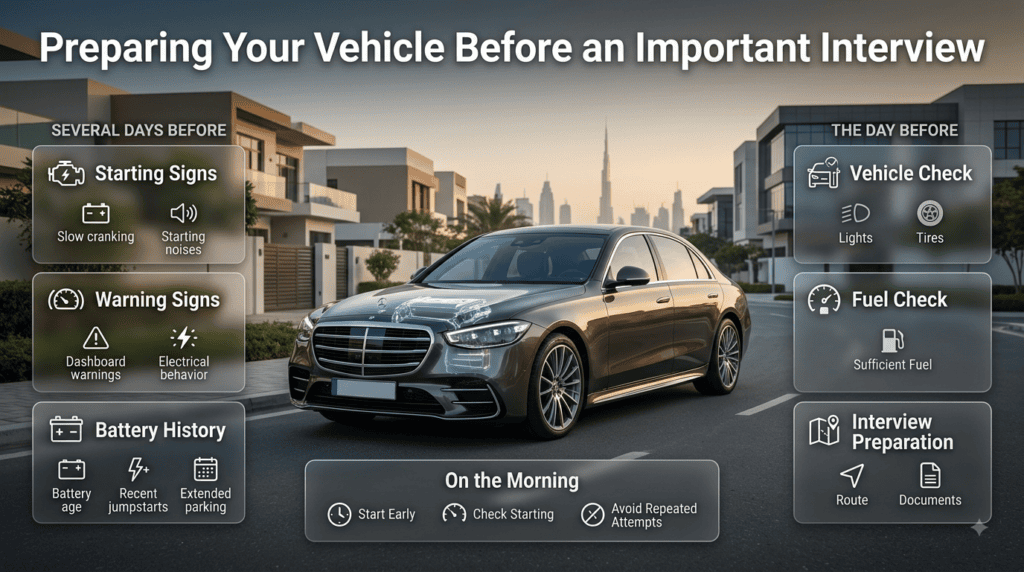 Vehicle preparation before an important interview, including battery checks, warning signs, tires, fuel, documents, and route planning.