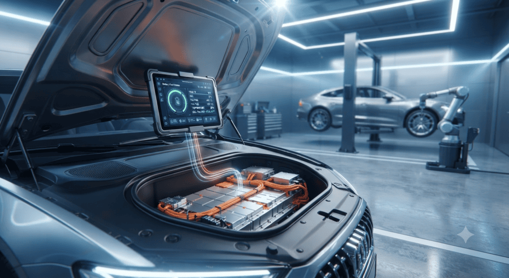 Professional infographic showing the top causes of car battery voltage warnings in Dubai, including extreme heat, traffic, short trips, battery aging, and poor maintenance.