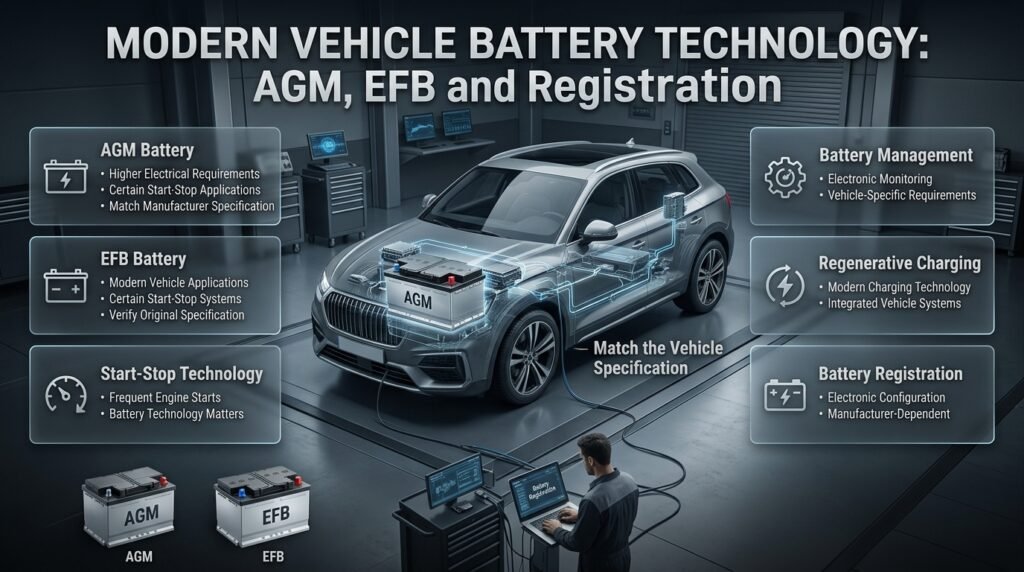 Modern vehicle battery technology showing AGM, EFB, start-stop systems, battery management and battery registration