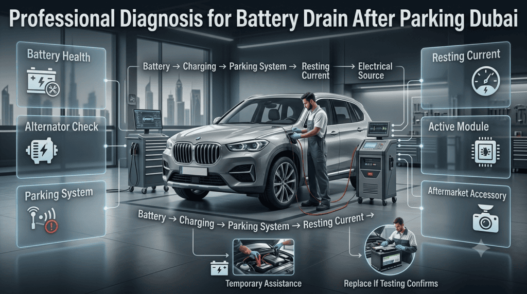 Professional automotive diagnosis of a discharged car battery after parking, including battery, alternator and electrical drain checks.