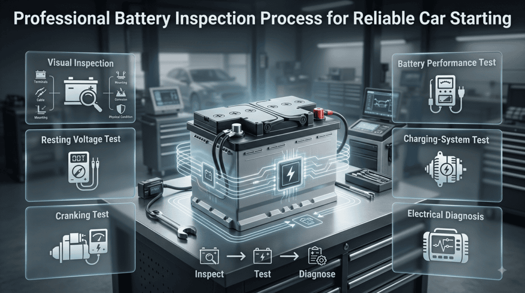 Professional car battery inspection showing visual checks, voltage testing, cranking, performance, charging, and electrical diagnosis.