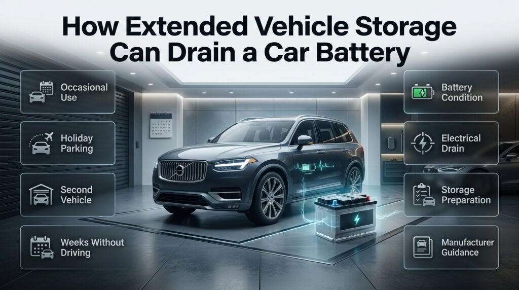 Extended vehicle storage can gradually drain a car battery through standby electrical consumption, especially in older or partially charged batteries