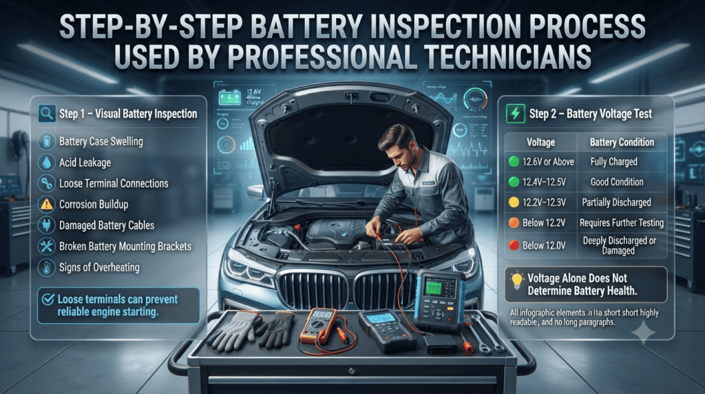 Professional technician inspecting a vehicle battery with visual checks and digital voltage testing, showing battery condition levels and diagnostic workflow.