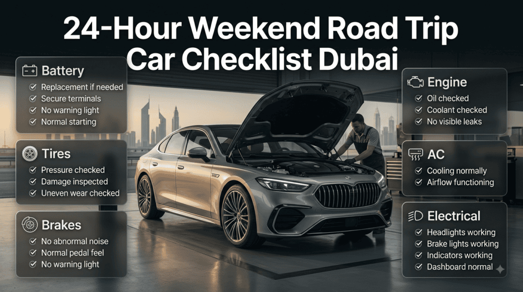 24-hour pre-trip car checklist for Dubai covering battery, tires, brakes, engine, AC, lights, and electrical systems.