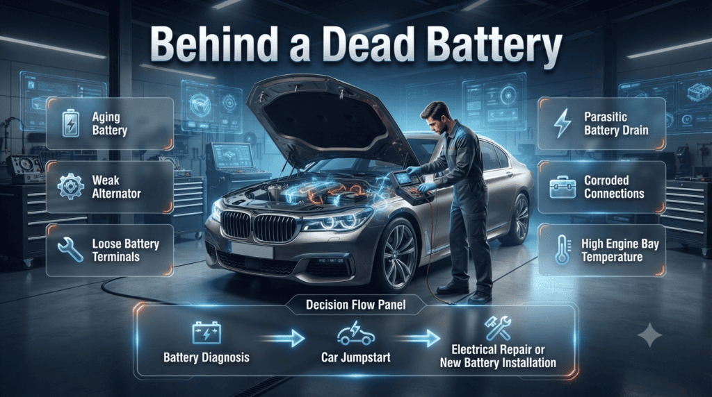 Infographic showing the common causes of a dead car battery in Dubai, including aging batteries, weak alternators, loose terminals, parasitic drain, corrosion, and engine heat.