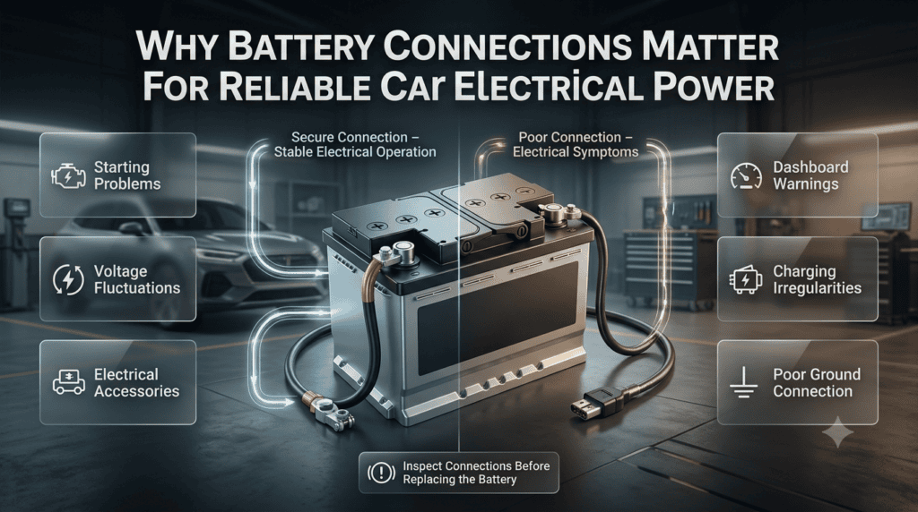 Poor battery and ground connections can cause starting problems, voltage fluctuations, electrical warnings, and charging issues.