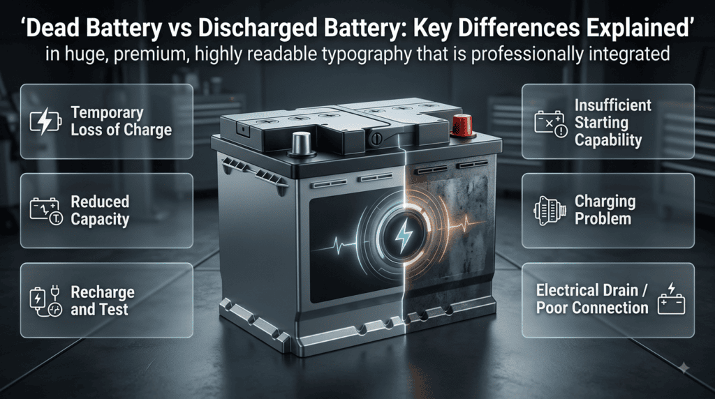 Dead battery vs discharged battery explained with visual comparison of charging, testing, electrical drain, connections, and battery replacement.