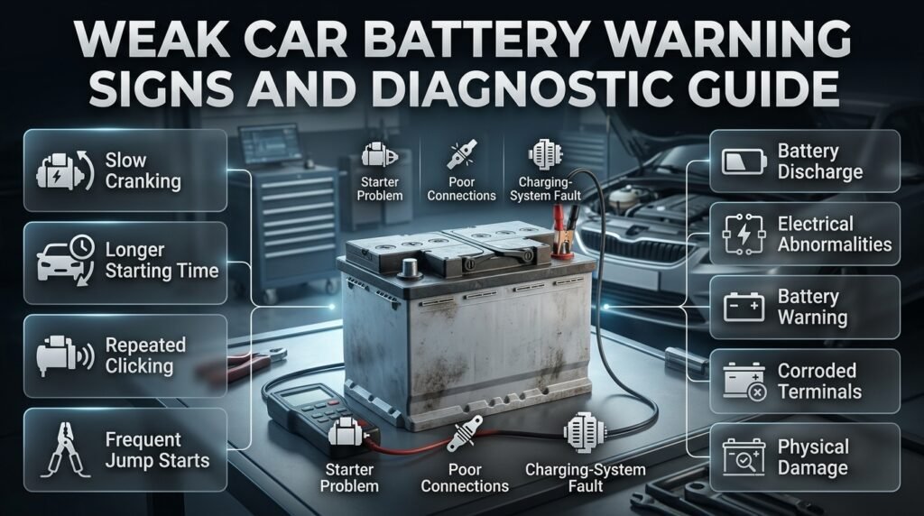 Weak car battery warning signs including slow cranking, clicking, discharge, corrosion, electrical issues, and battery damage.