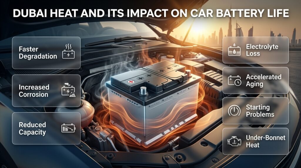 Factors affecting car battery life in Dubai including heat, driving habits, charging system, electrical load, and maintenance