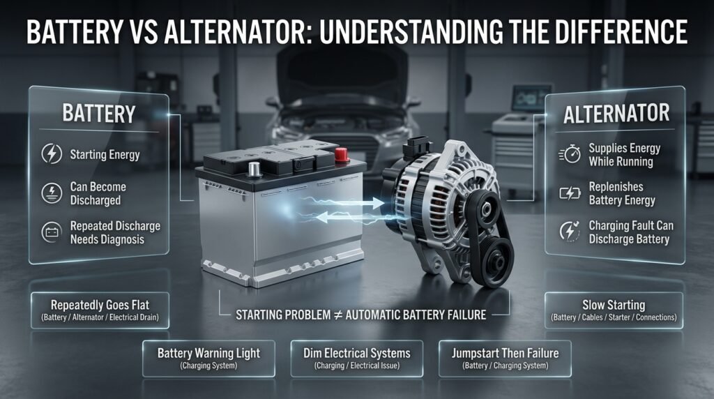 Battery vs alternator infographic showing charging system differences, repeated discharge symptoms, and diagnostic areas