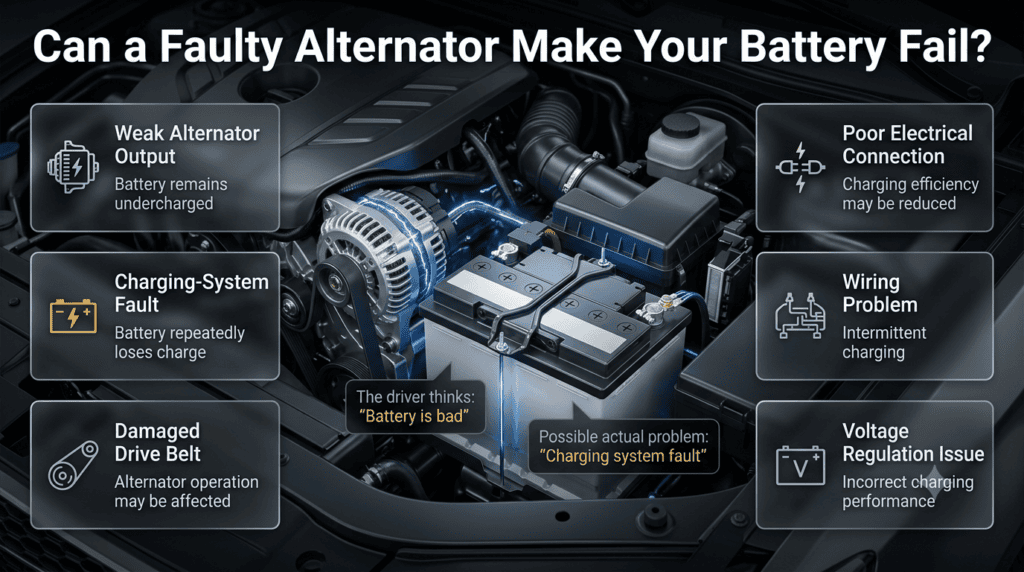 Faulty alternator causing battery discharge, charging problems, wiring faults, and repeated battery failure in a modern vehicle
