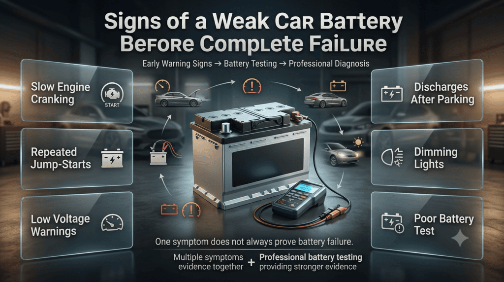 Weak car battery warning signs including slow cranking, jump-starts, low voltage alerts, battery discharge, and electrical symptoms.