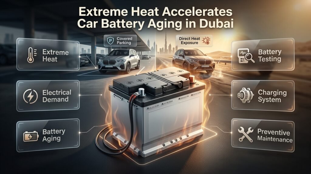 Automotive battery aging in extreme Dubai heat showing charge retention, starting capability, electrolyte stability, and reliability