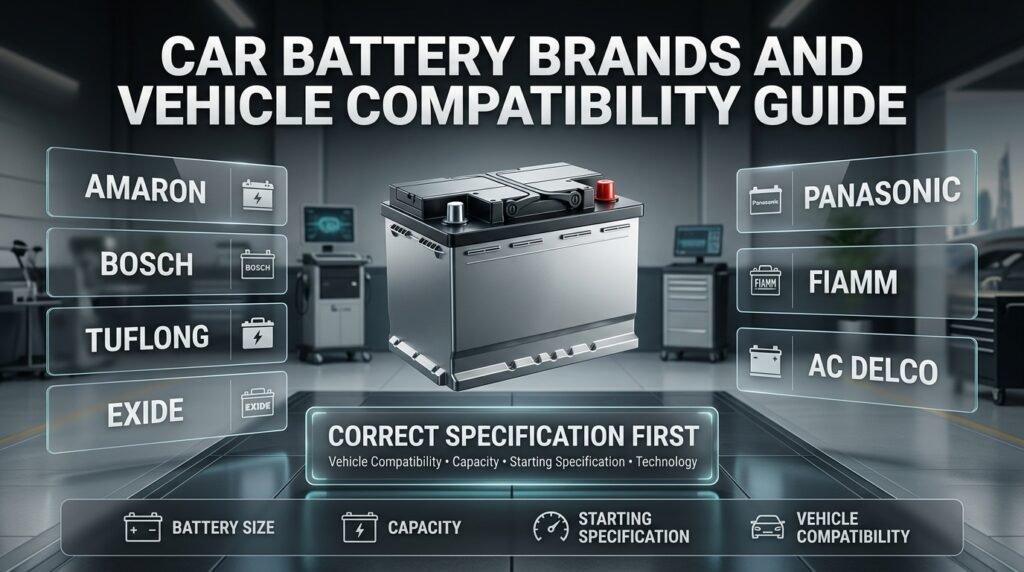 Car battery brands comparison featuring Amaron, Bosch, Tuflong, Exide, Panasonic, FIAMM, and AC Delco options