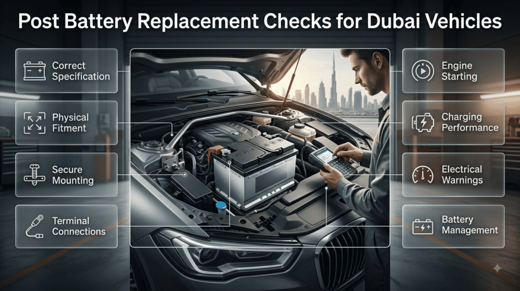 Professional post-battery replacement inspection showing correct fitment, terminals, starting, charging system, and battery management checks.