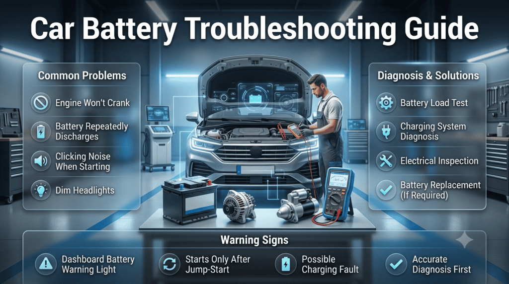 Automotive technician diagnosing common car starting problems, including dead battery, alternator failure, weak starter, voltage drop, and charging system faults.