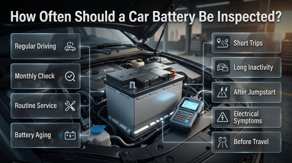 Professional car battery inspection schedule showing monthly checks, battery testing, short trips, inactivity, and travel preparation.