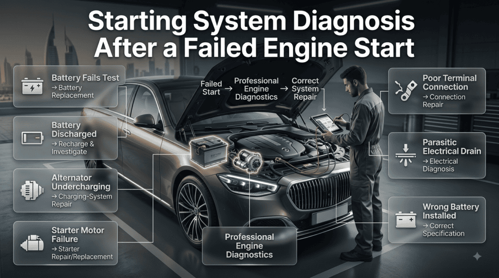 Starting system diagnosis after a failed engine start, showing battery, starter, alternator, connections, and electrical drain checks.