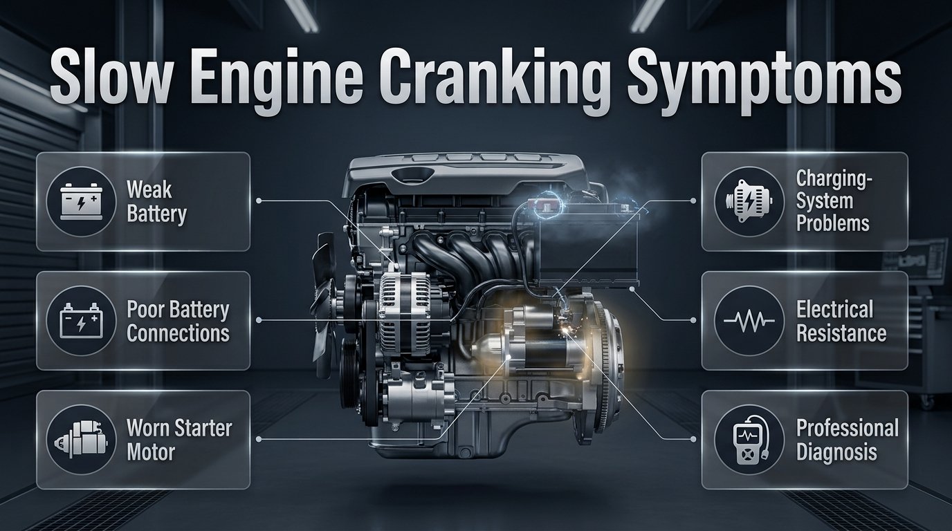 Slow engine cranking symptoms infographic showing weak battery, starter issues, cable resistance, and charging system problems Slow Engine Cranking Symptoms: Causes and Warning Signs