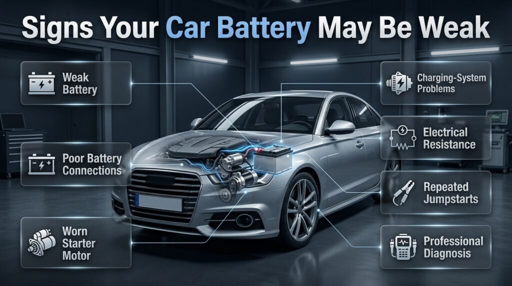 Weak car battery warning signs including slow cranking, dim headlights, weak lights, jumpstarts, and electrical problems.