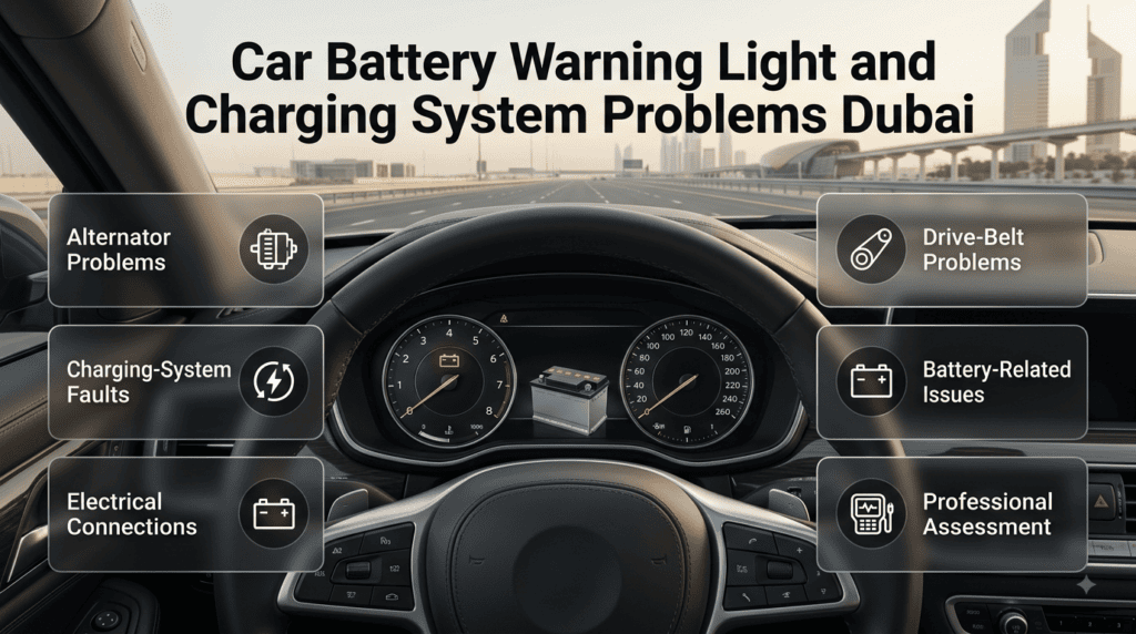 Car battery warning light indicating possible alternator, charging system, electrical connection, or battery problems before a road trip.