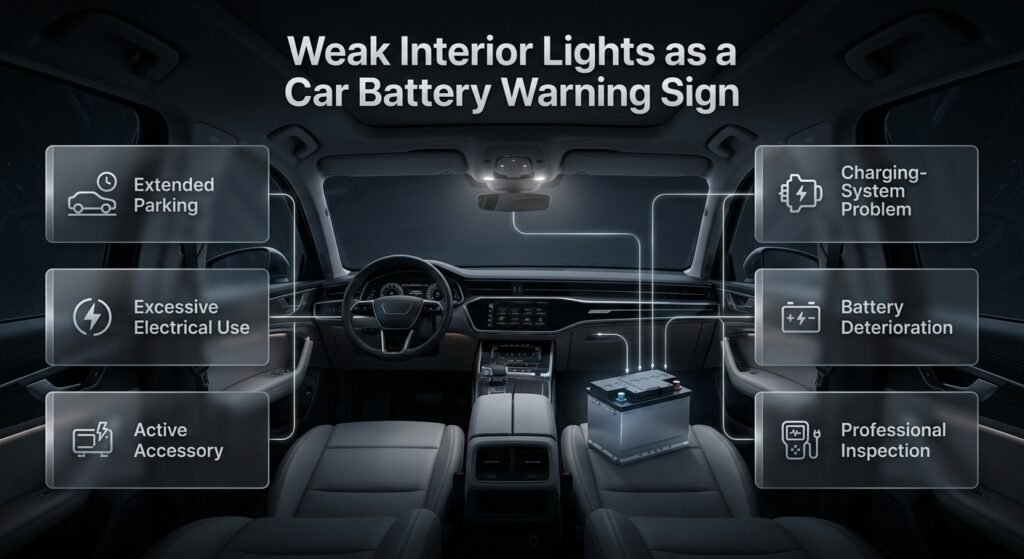 Weak interior car lights after parking may indicate low battery charge, excessive electrical use, or a charging-system issue.