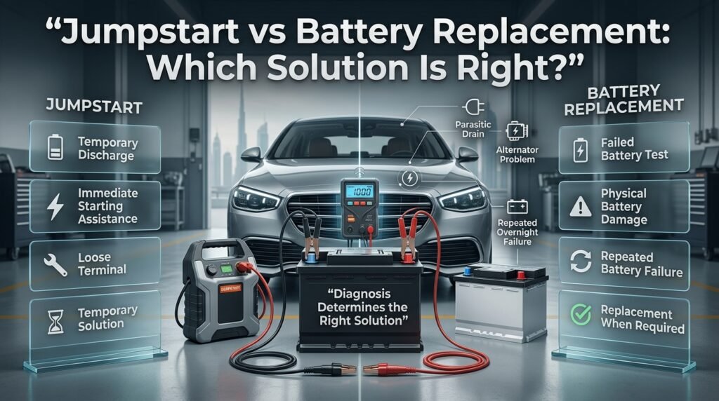 Jumpstart versus battery replacement comparison showing when each solution is appropriate for different car battery problems.