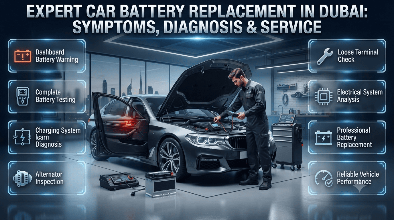 Professional technician replacing a car battery after dashboard battery warning light in Dubai with advanced charging system diagnostics and premium automotive service. Battery Replacement After Dashboard Battery Alert Dubai | Complete Guide