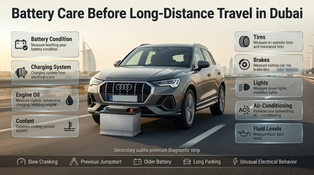 Battery care before long-distance travel in Dubai with checks for battery, charging system, tires, brakes, fluids, and AC.