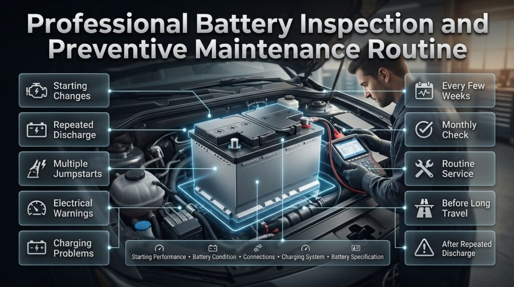 Professional battery inspection infographic showing warning signs, maintenance intervals, charging checks, jumpstarts, and travel preparation.