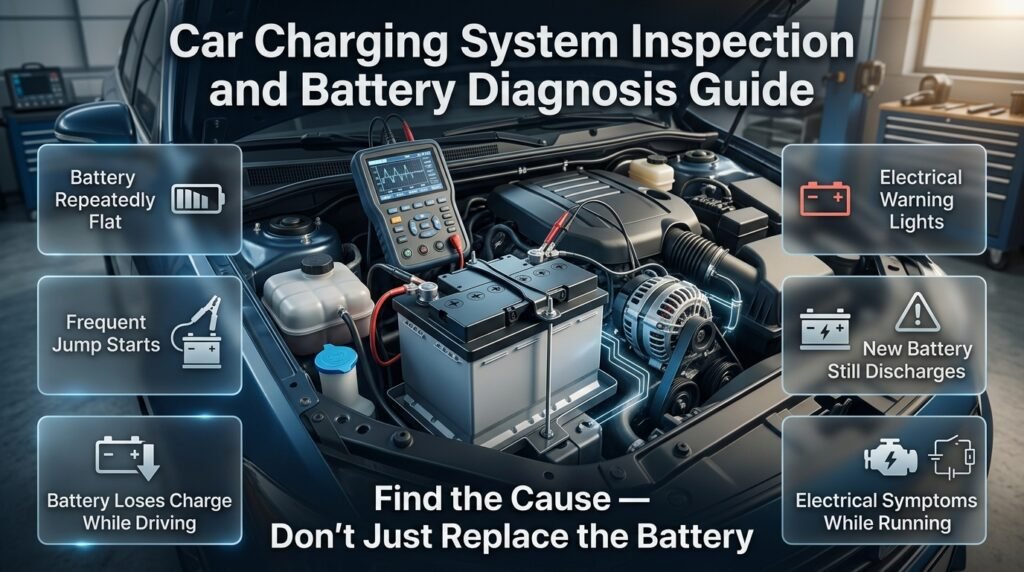 Car charging system inspection showing alternator, battery testing, repeated discharge, warning lights, and electrical diagnosis.