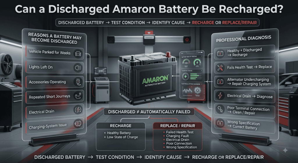 Discharged Amaron car battery showing recharge, battery testing and replacement decision indicators
