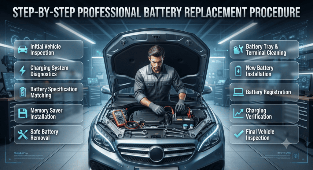 Professional technician replacing a car battery using a structured battery replacement process with diagnostics, memory saver, terminal cleaning, battery registration, and charging verification.