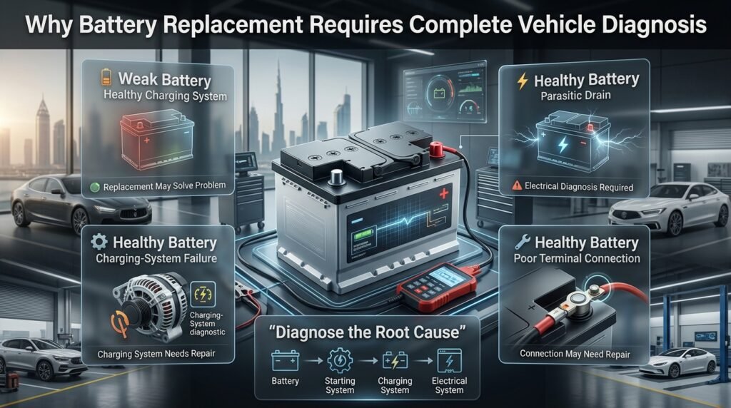 Battery replacement diagnosis showing charging system, parasitic drain, battery health, and terminal connection checks.