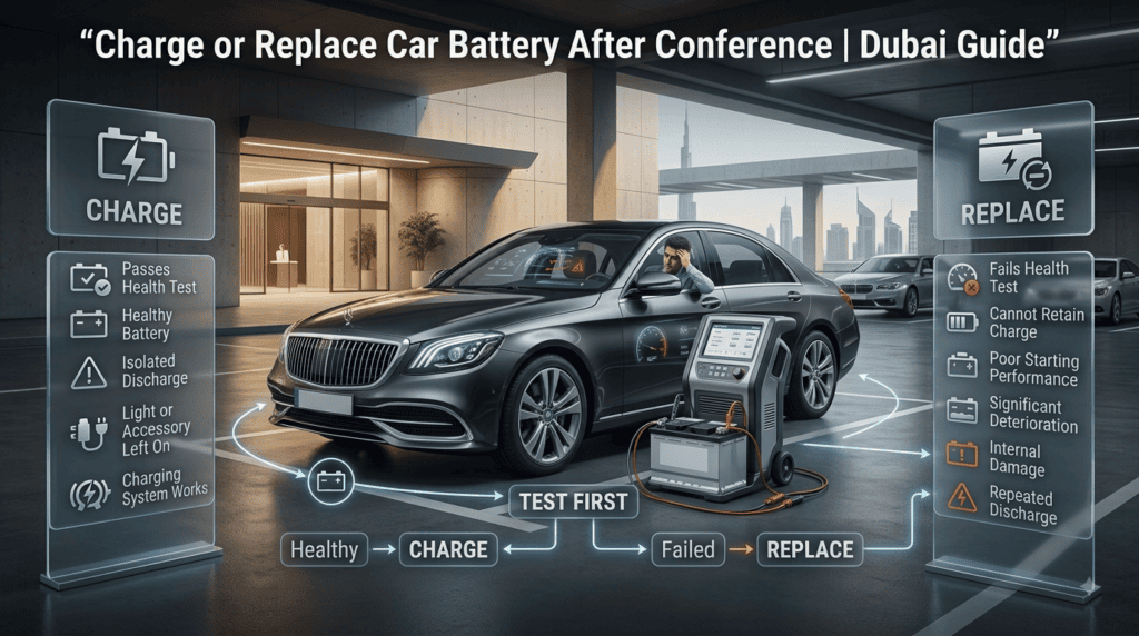 Car battery charging versus replacement after a conference parking discharge, with professional battery testing in Dubai.