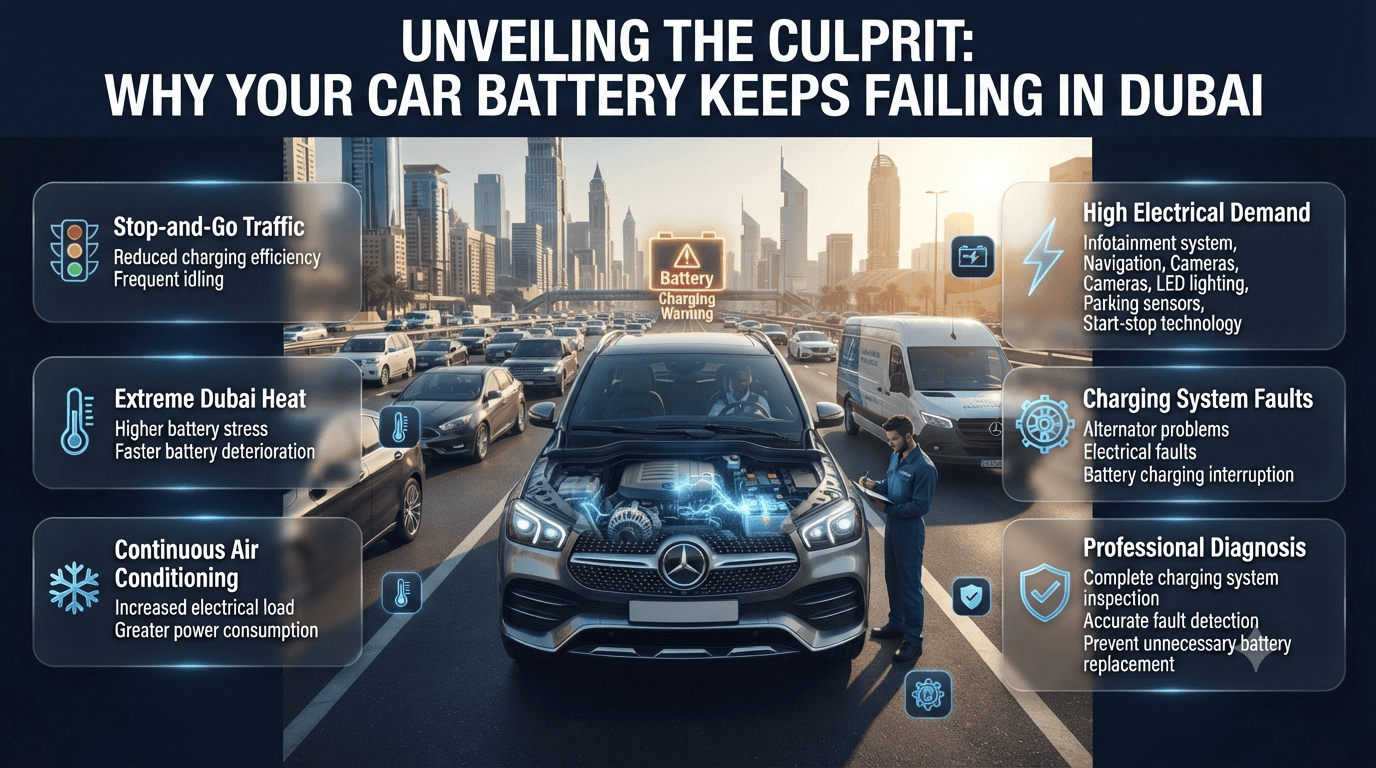 Premium automotive infographic showing why a car battery stopped charging after city driving in Dubai, highlighting traffic, heat, alternator faults, and charging system diagnosis.